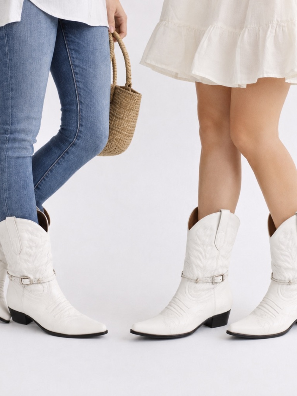 White Western Cowboy Boots Leather Pointed Toe Buckle Strap Cowgirl Boho Chic 8M
